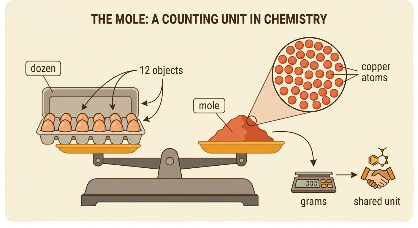 A laboratory balance connects one measurable copper sample to an enormous illustrated group of copper atoms representing one mole.