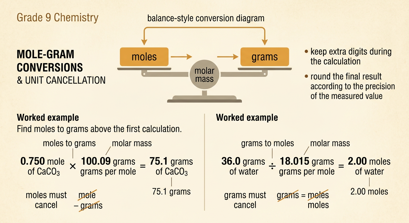 A balance and two conversion setups show moles to grams for CaCO3 and grams to moles for water.