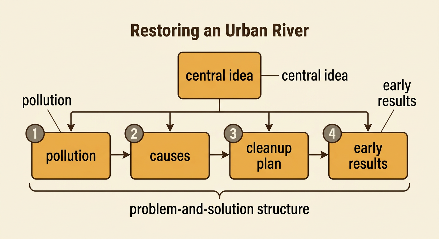 A structure map traces an urban river article from its central idea through four connected major sections.
