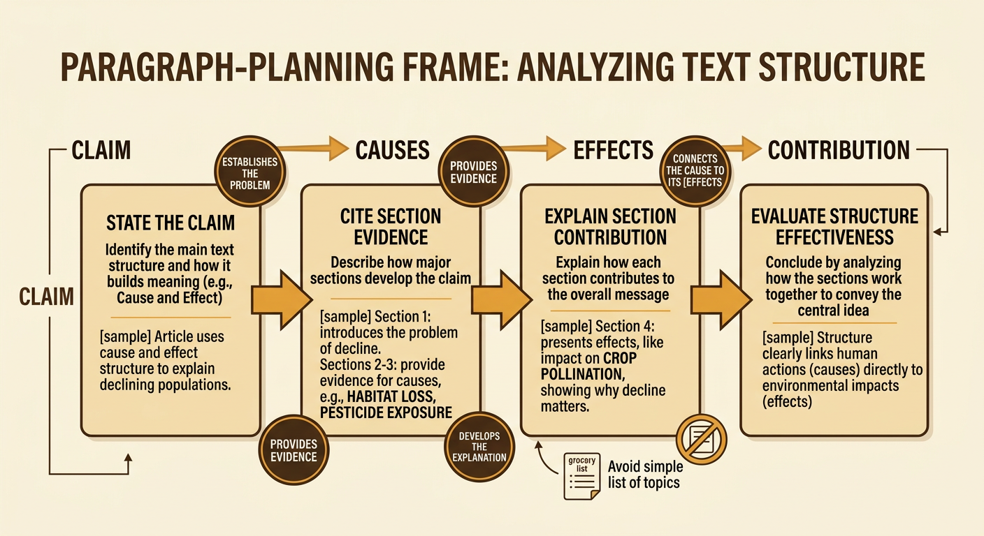 A writing organizer connects a honeybee structure claim with causes, effects, and each section’s role.
