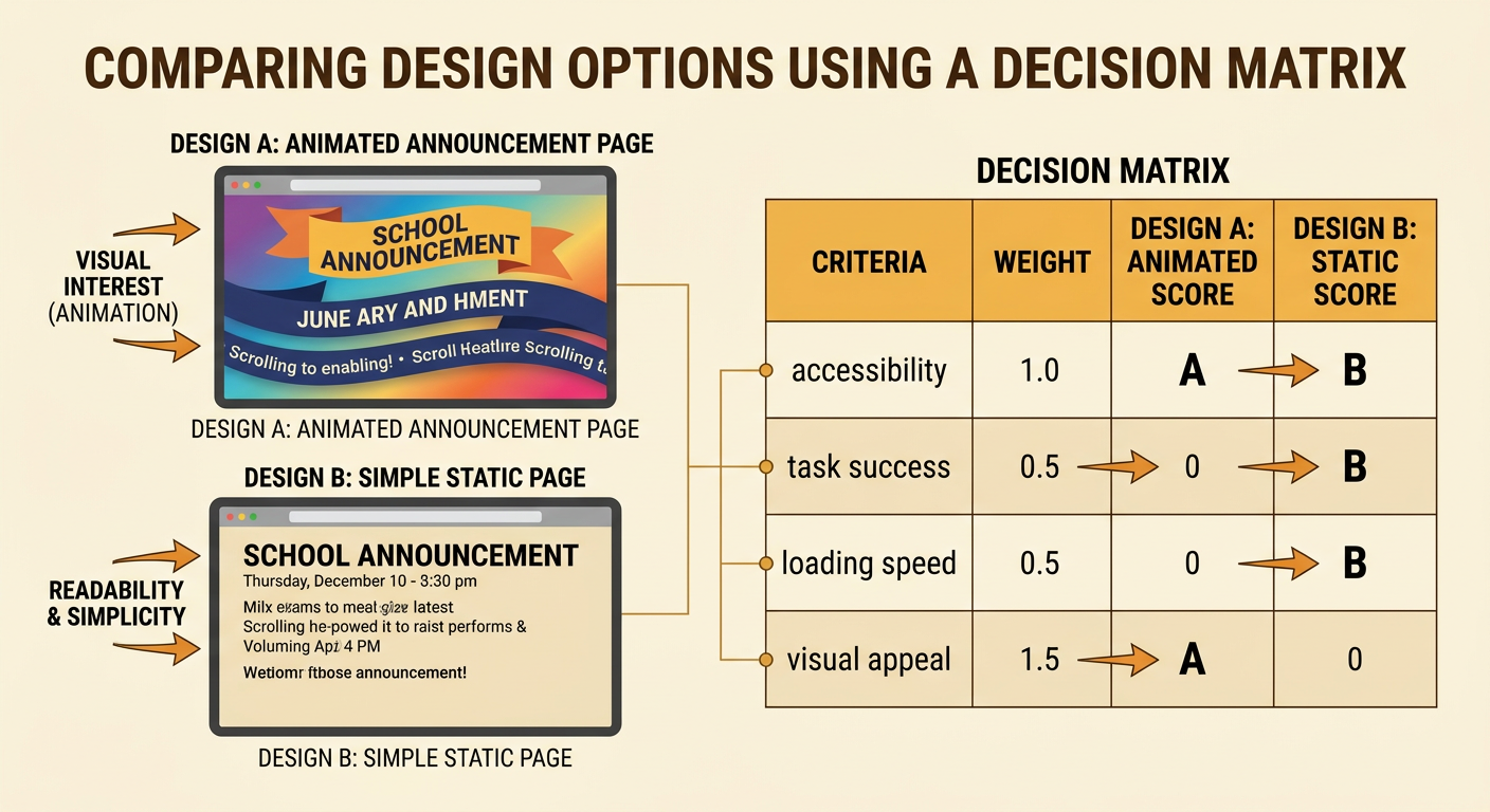 Two school announcement designs appear beside a decision matrix comparing the animated and simplified versions.