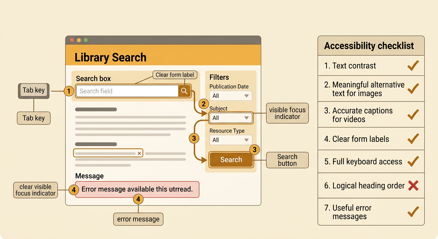 A library search page is being tested by keyboard, with focus on the search control and a helpful correction message visible.