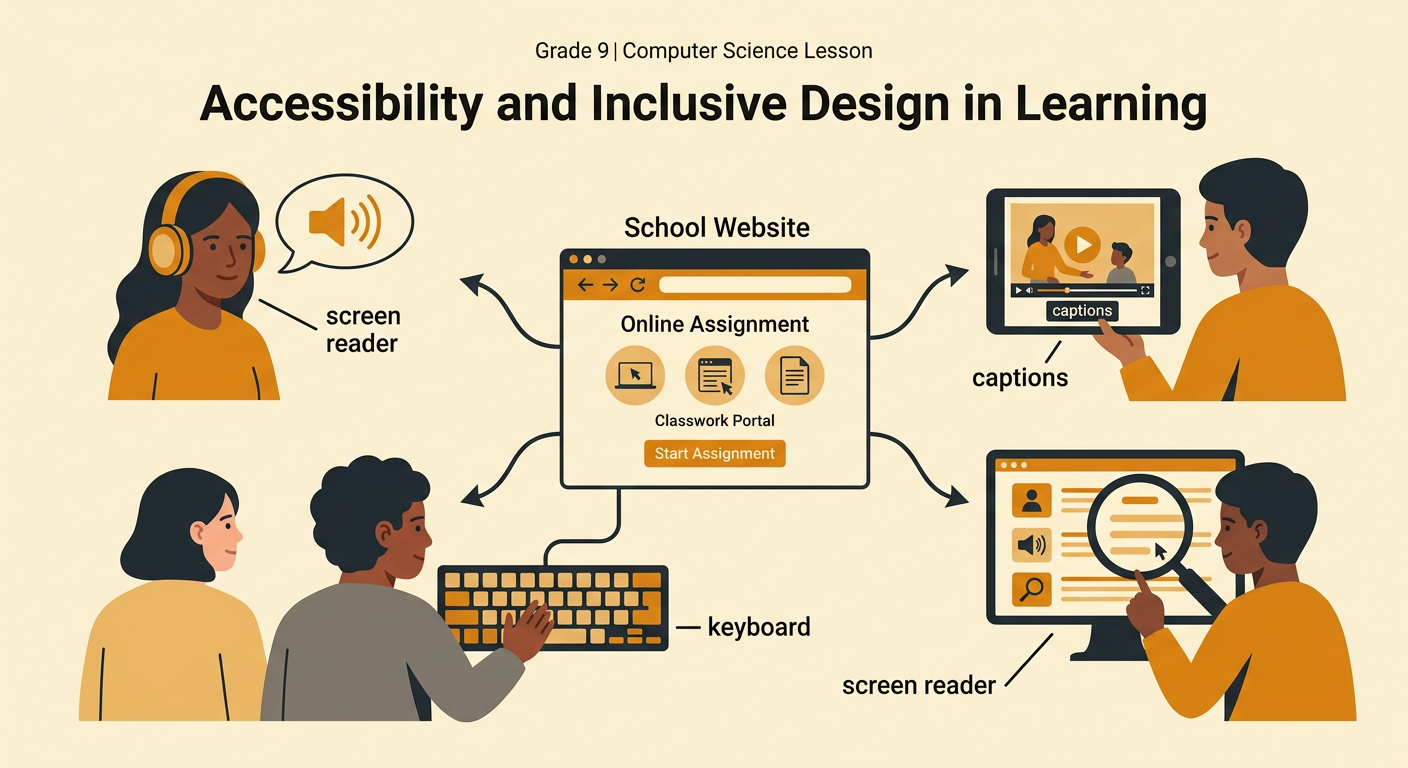 A student uses an inclusive school website offering several clearly labeled ways to receive information and navigate.