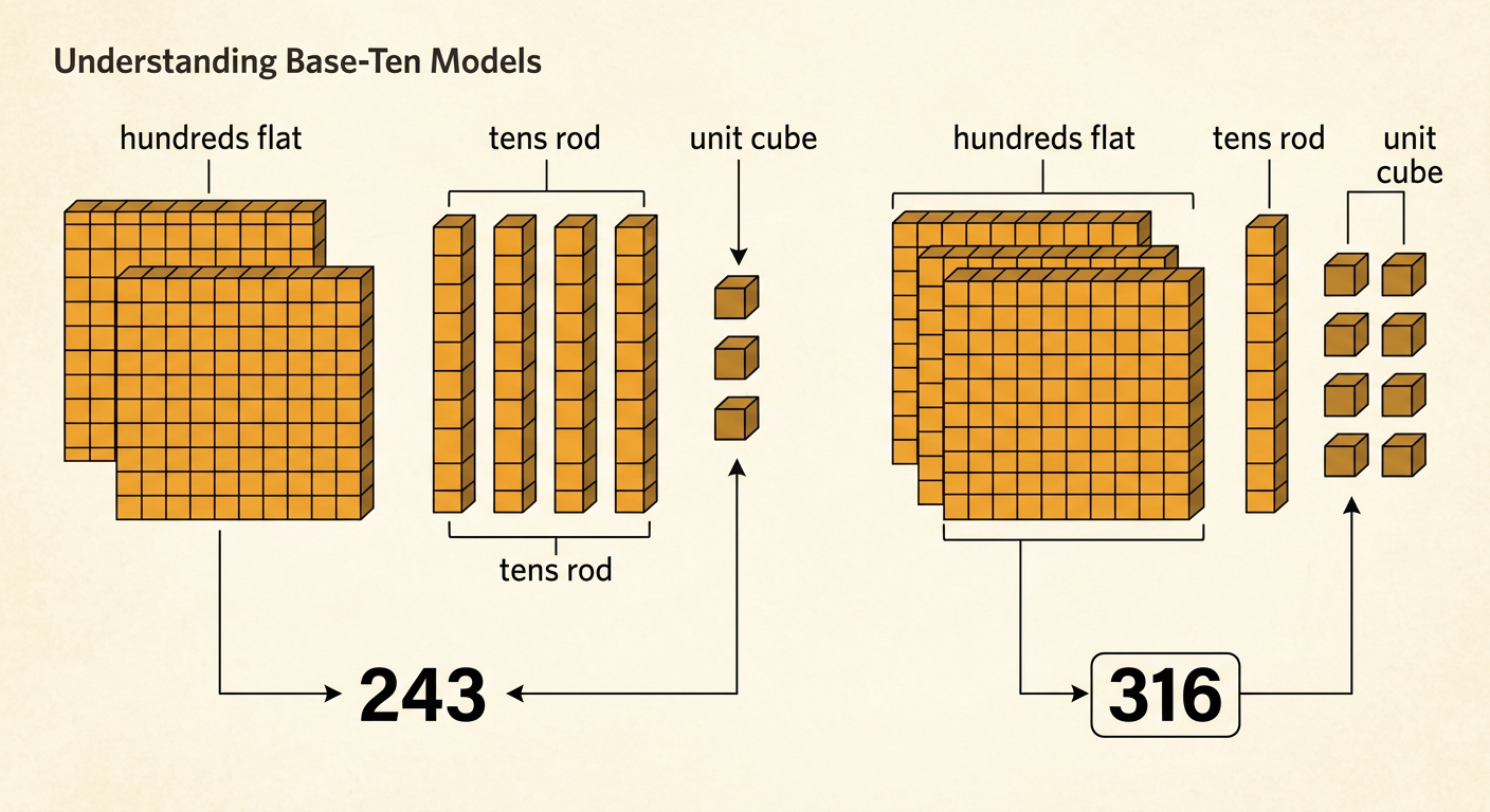 Base-ten block models show 243 and 316 using flats, rods, and cubes.