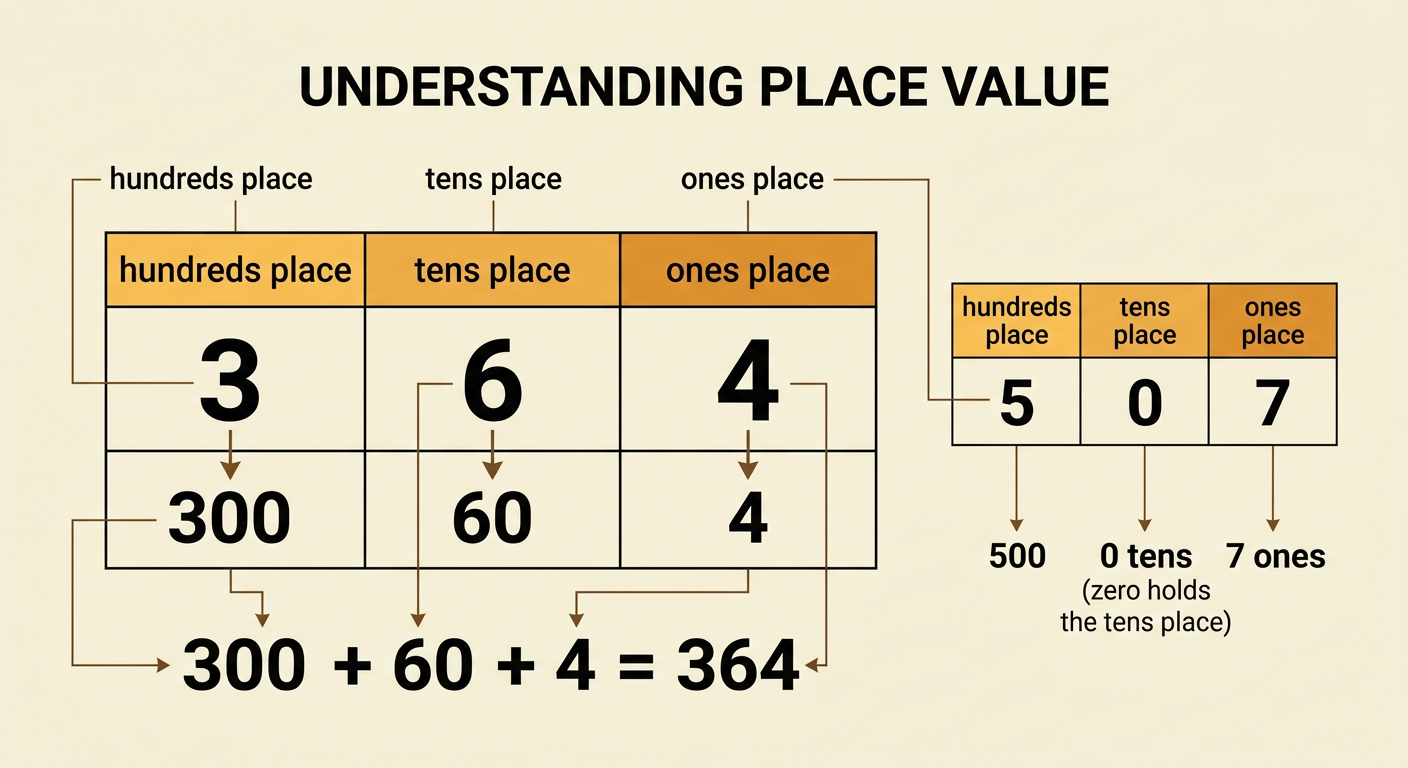 Two place-value charts break 364 and 507 into hundreds, tens, and ones.