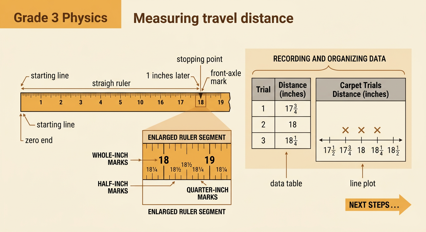 A straight measuring tape runs from the starting line to a front-axle mark beside a data table and line plot of three carpet trials.
