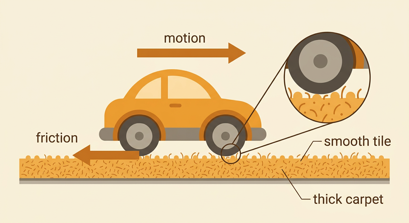 A toy car rolls from smooth tile onto thick carpet as arrows show friction working against motion.