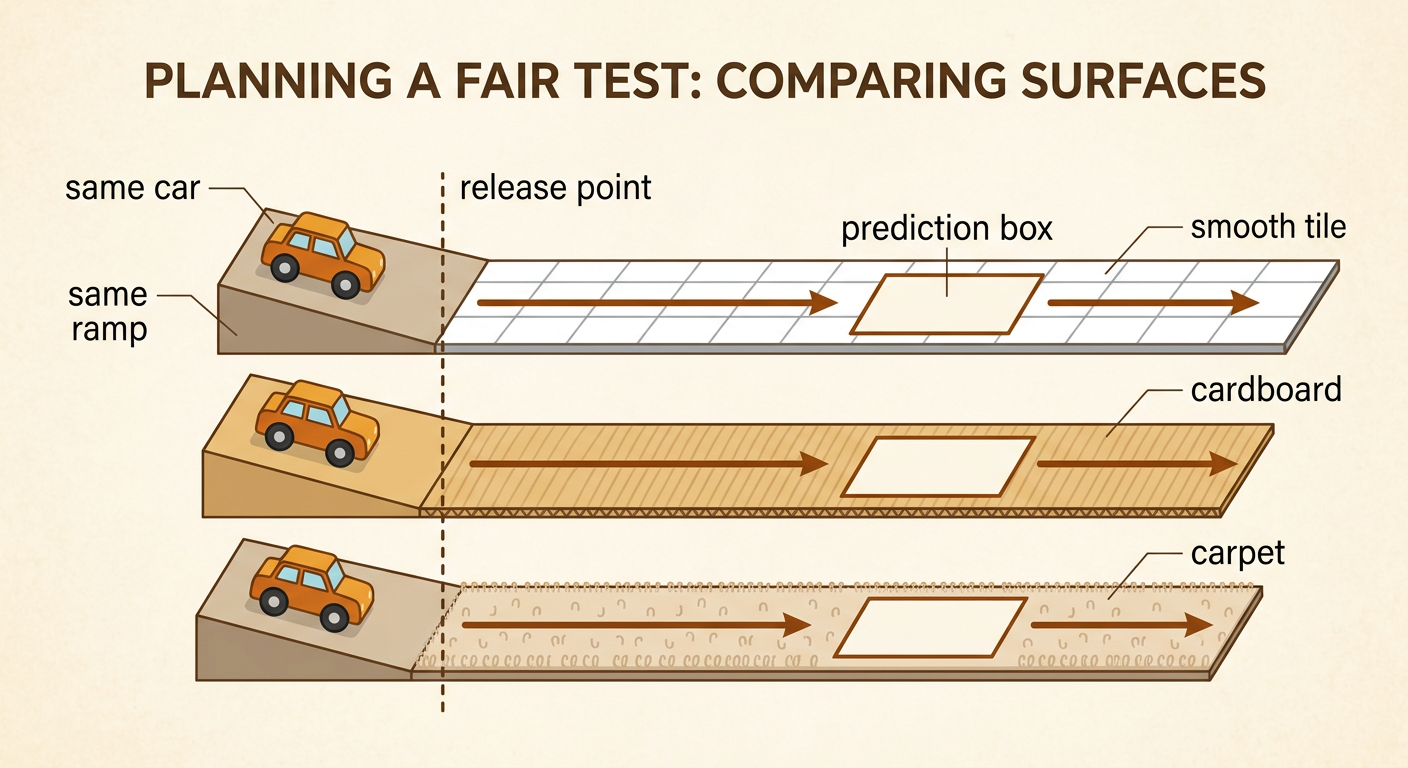 A testing plan shows one toy car and ramp beside tile, cardboard, and carpet while all setup parts stay the same.