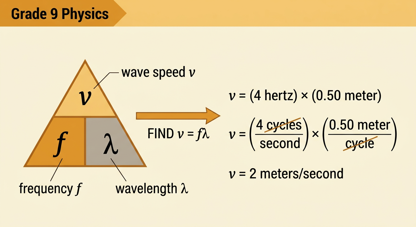 A wave calculation diagram shows the equation and a four-hertz wave with a 0.50-meter wavelength traveling at two meters per second.