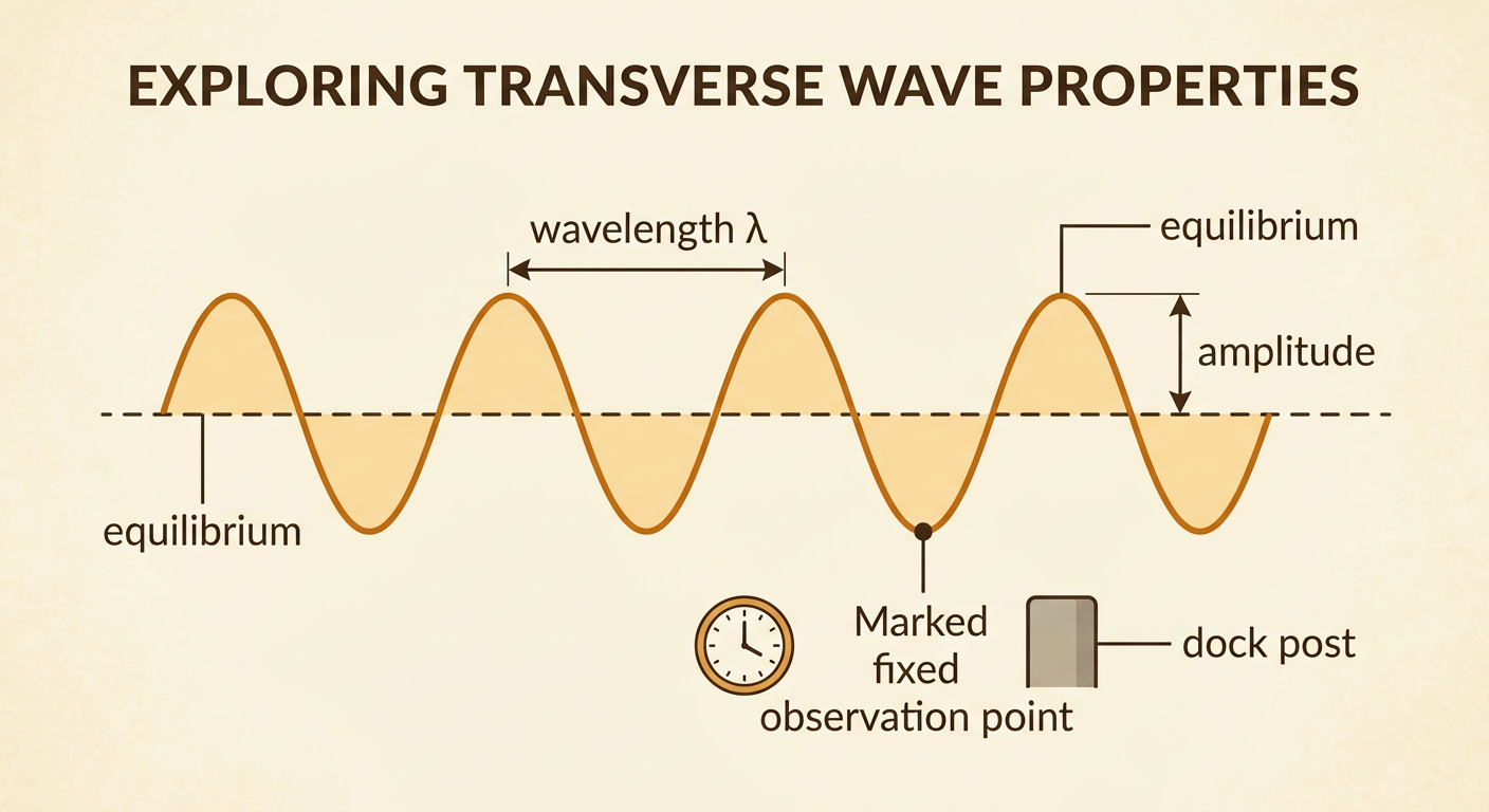 A water wave beside a dock post shows crest-to-crest wavelength, vertical amplitude, equilibrium, and cycles passing over time.