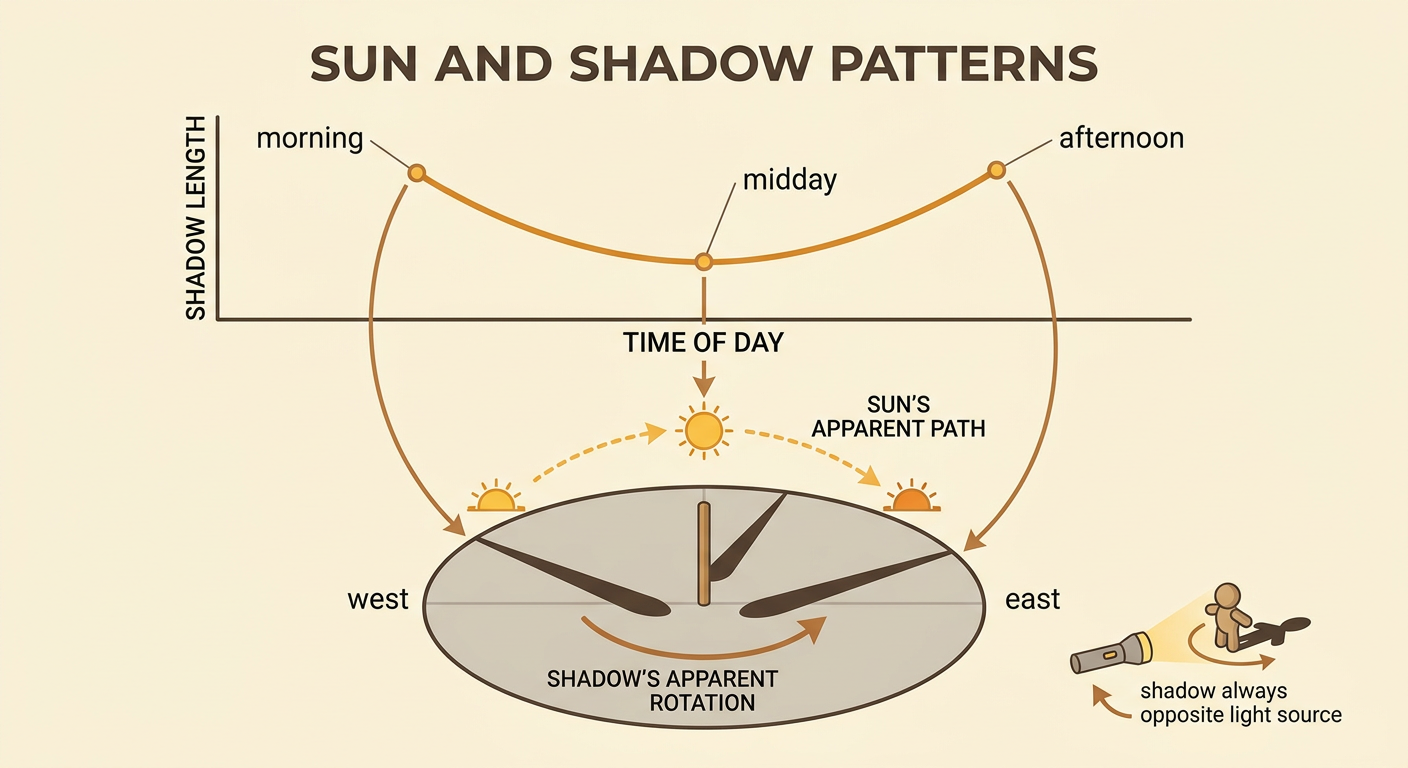 A daily sequence shows long west-pointing morning shadows, a short midday shadow, and long east-pointing afternoon shadows.