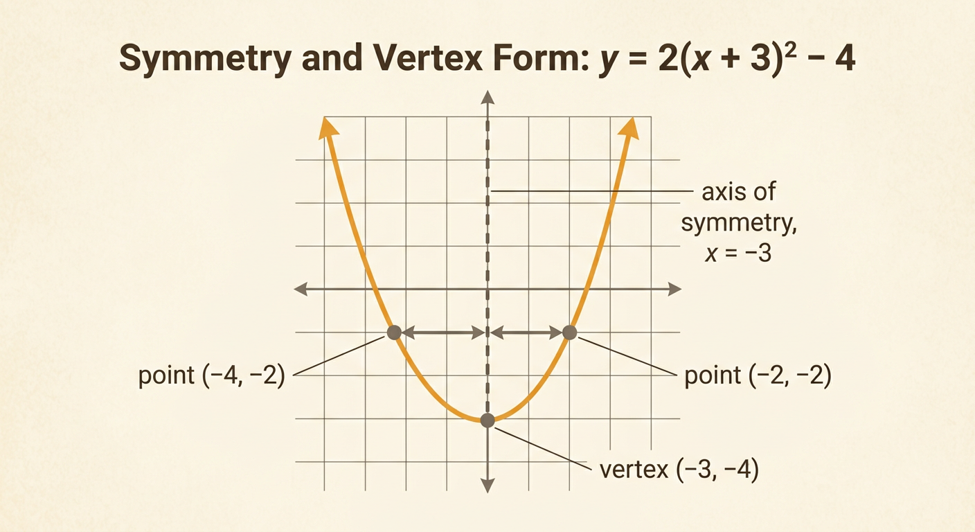 A parabola centered on x = −3 shows its vertex and a reflected pair of points at equal distances from the axis.