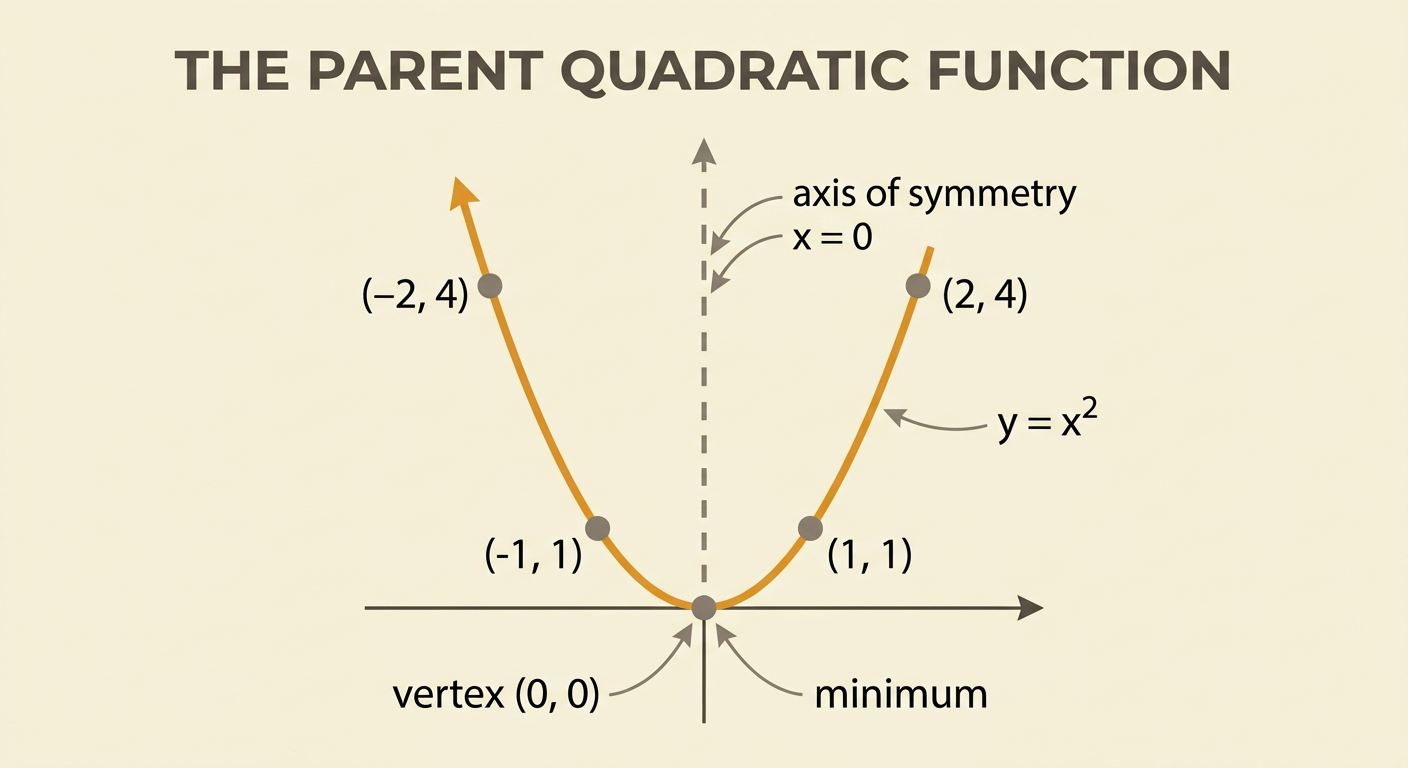 A coordinate plane shows the parent parabola with its vertex, minimum, axis, and symmetric point pairs marked.