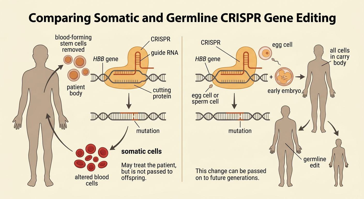 A split diagram shows HBB gene editing in blood-forming body cells compared with an inherited edit entering reproductive cells.