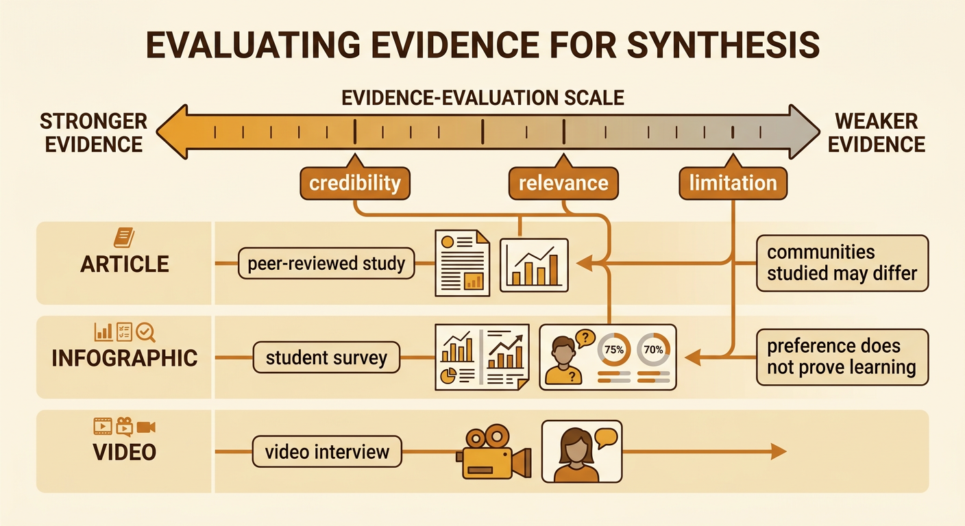 A balance scale weighs research, survey data, and an interview according to credibility, relevance, and limitation.