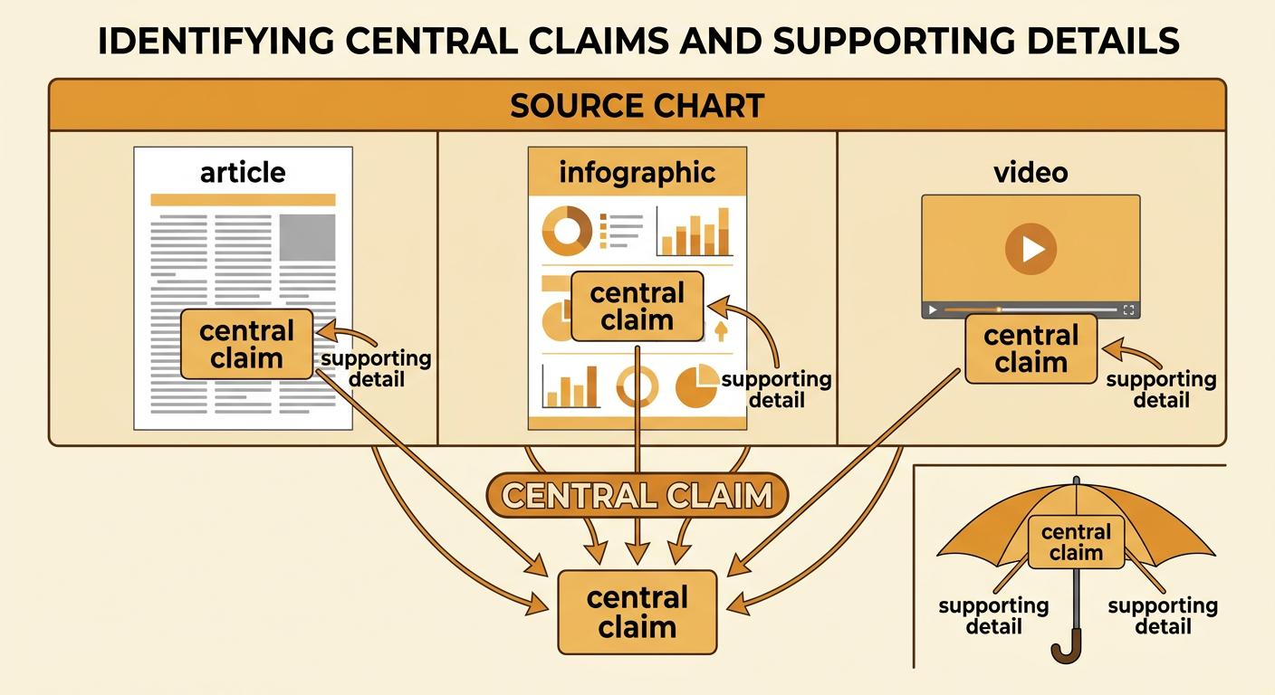 Three source cards show each central claim above the supporting details used to develop it.