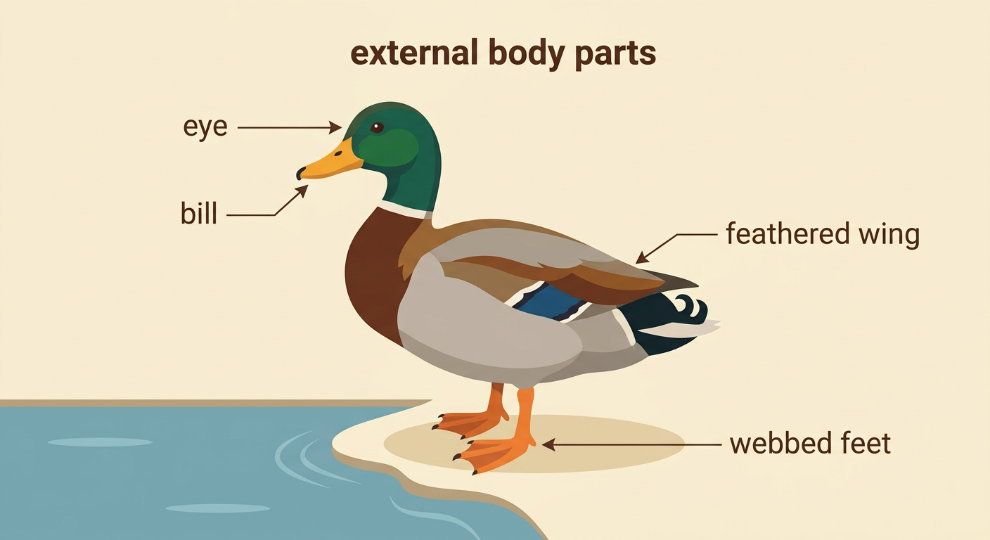 A clear duck picture shows its wide bill and webbed feet in shallow water.