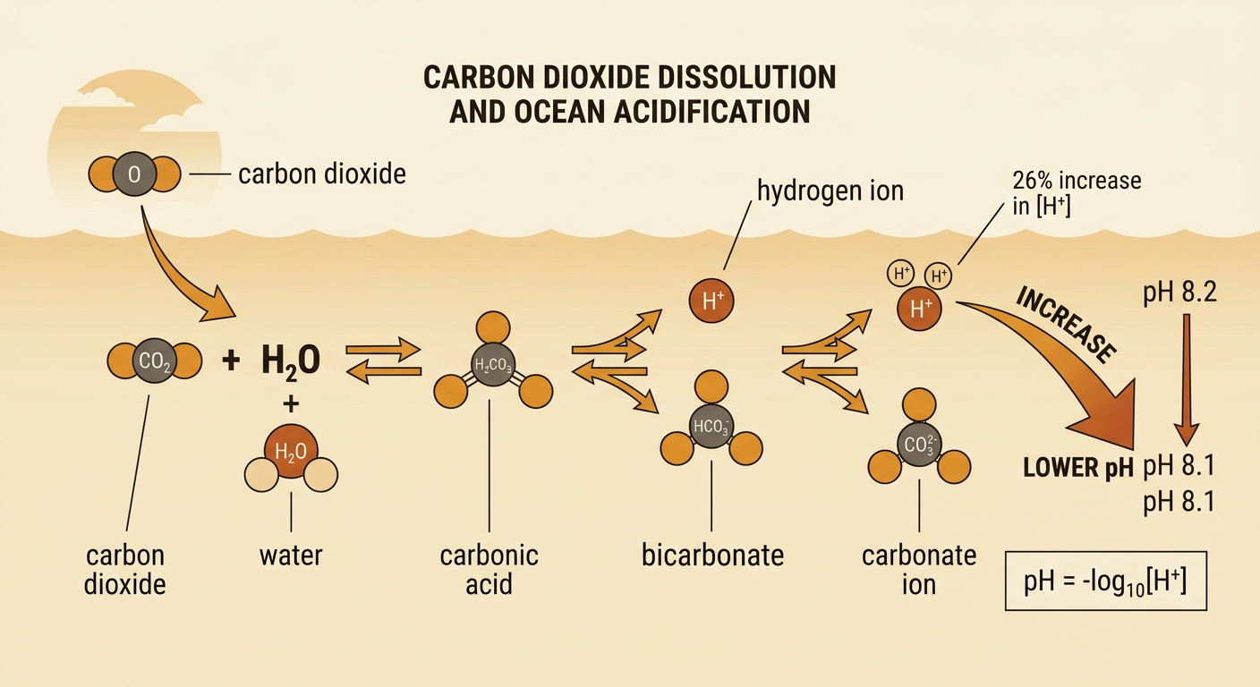 A chemical reaction diagram traces dissolved carbon dioxide through carbonic acid to hydrogen ions, bicarbonate, and carbonate ions.