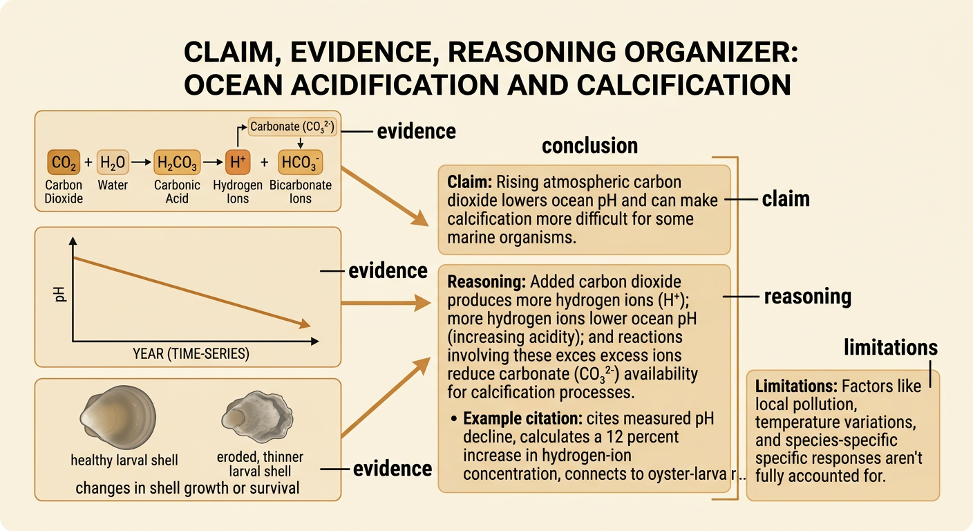 A claim-evidence-reasoning organizer links atmospheric carbon dioxide to lower pH, reduced carbonate, and oyster shell effects.