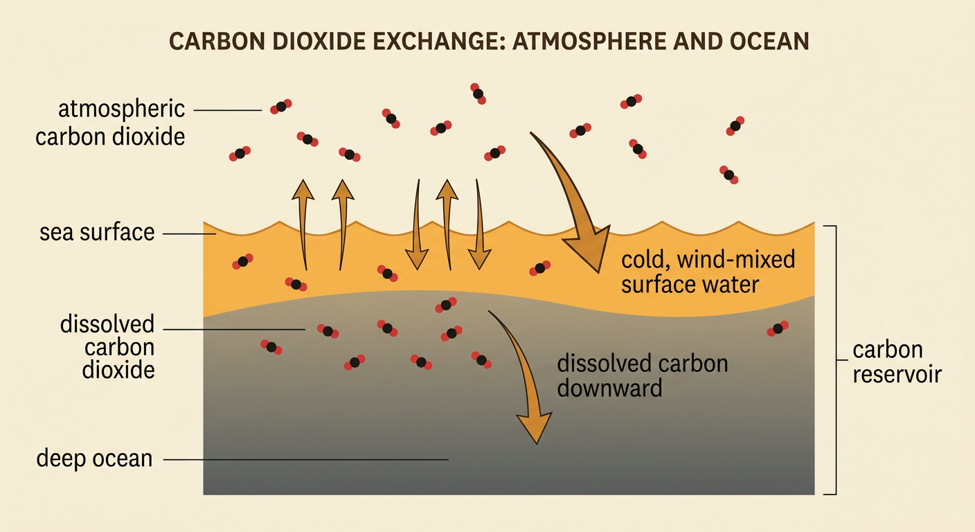 A cutaway ocean scene shows carbon dioxide crossing a cold, windy sea surface and moving into deep water.