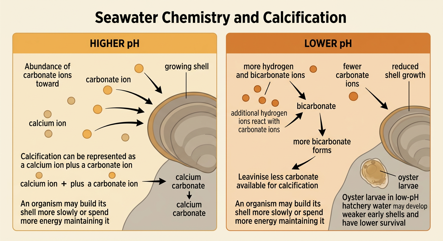 An oyster larva beside a chemical diagram shows reduced carbonate reaching a growing calcium carbonate shell.