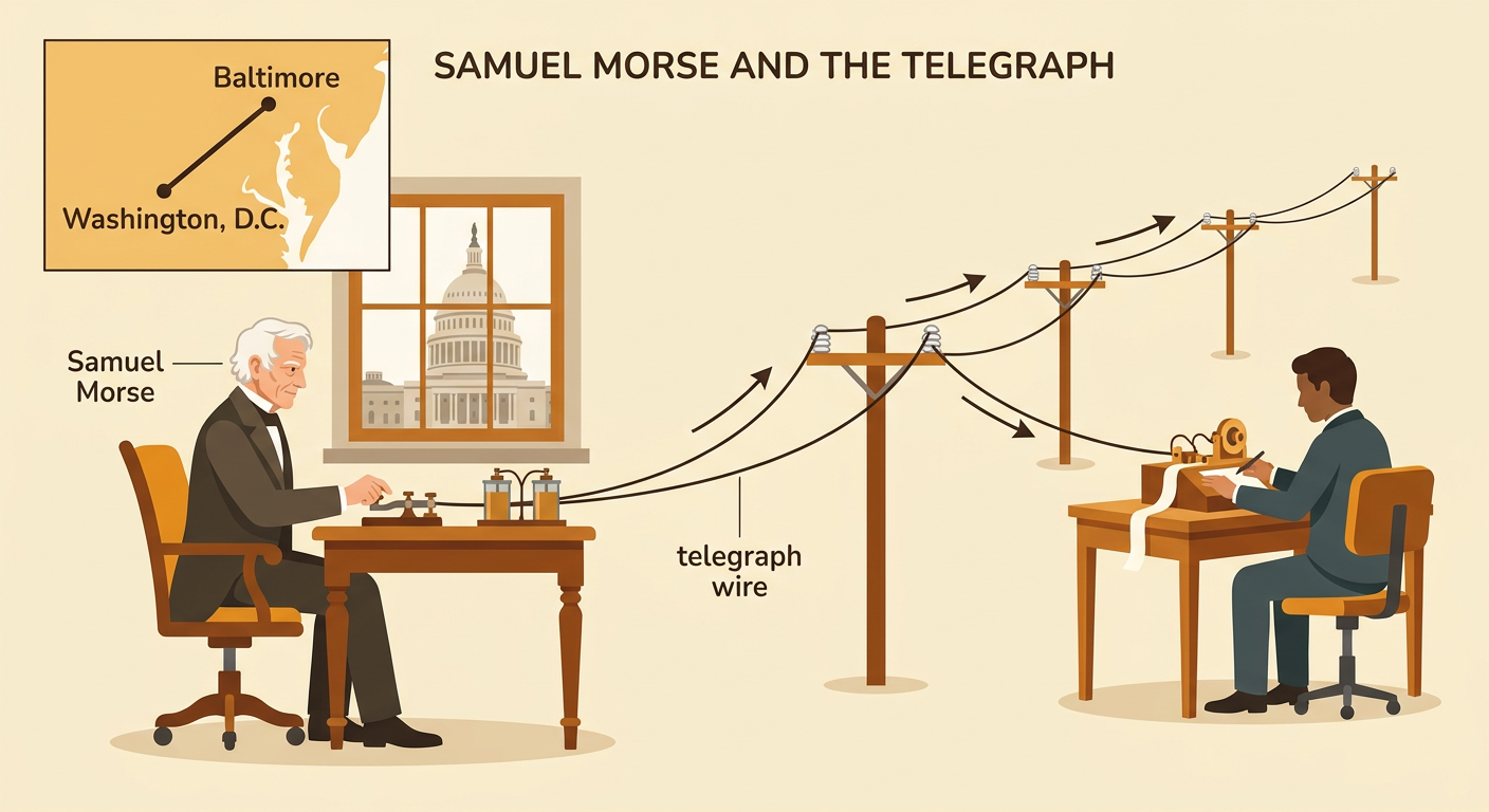Samuel Morse sends his famous 1844 message along a telegraph wire from Washington, D.C., to Baltimore.