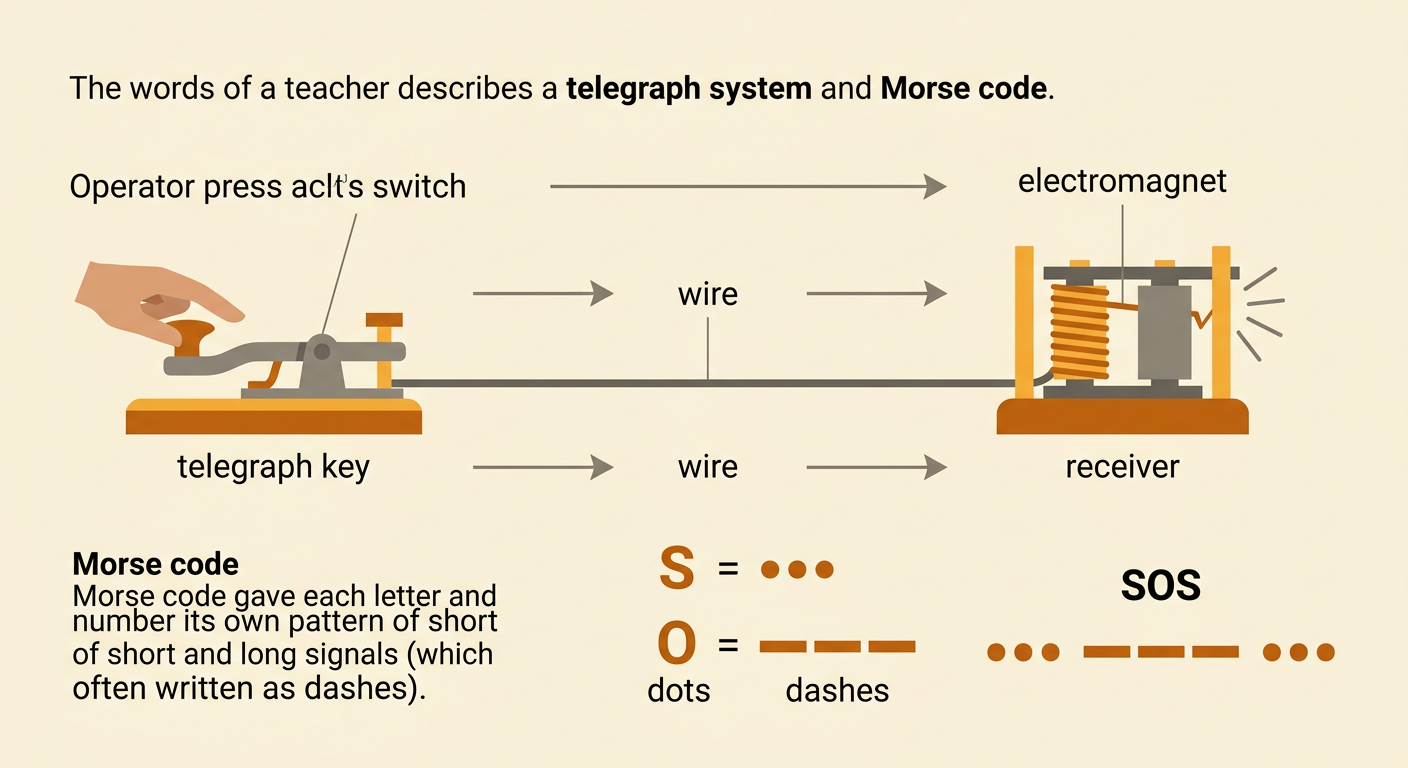 A labeled diagram shows a telegraph key sending Morse code through a wire to a receiver.