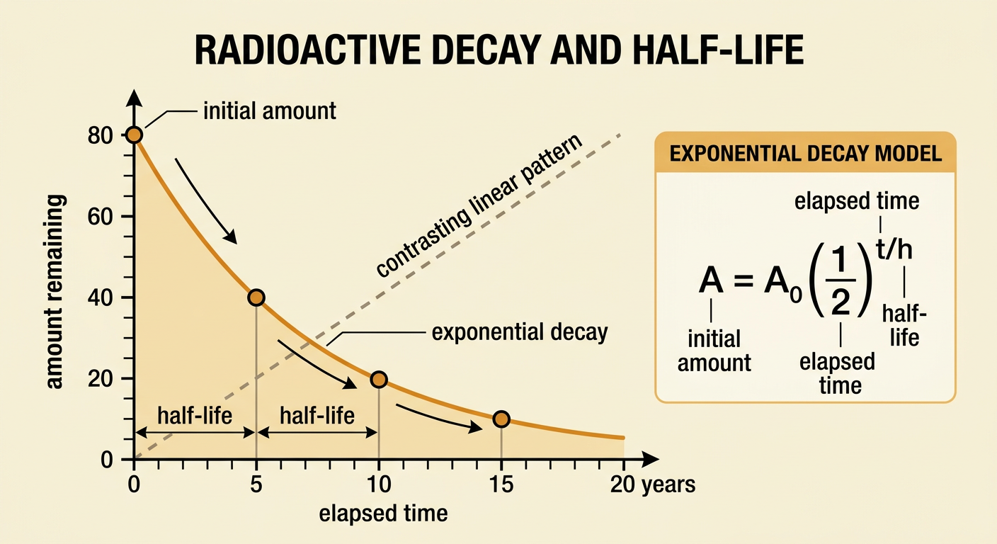 A downward-curving graph and sample containers show 80 milligrams halving every five years.