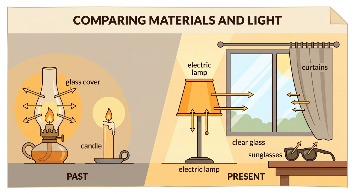 A home scene compares a covered candle from the past with windows, curtains, sunglasses, and an electric lamp used today.