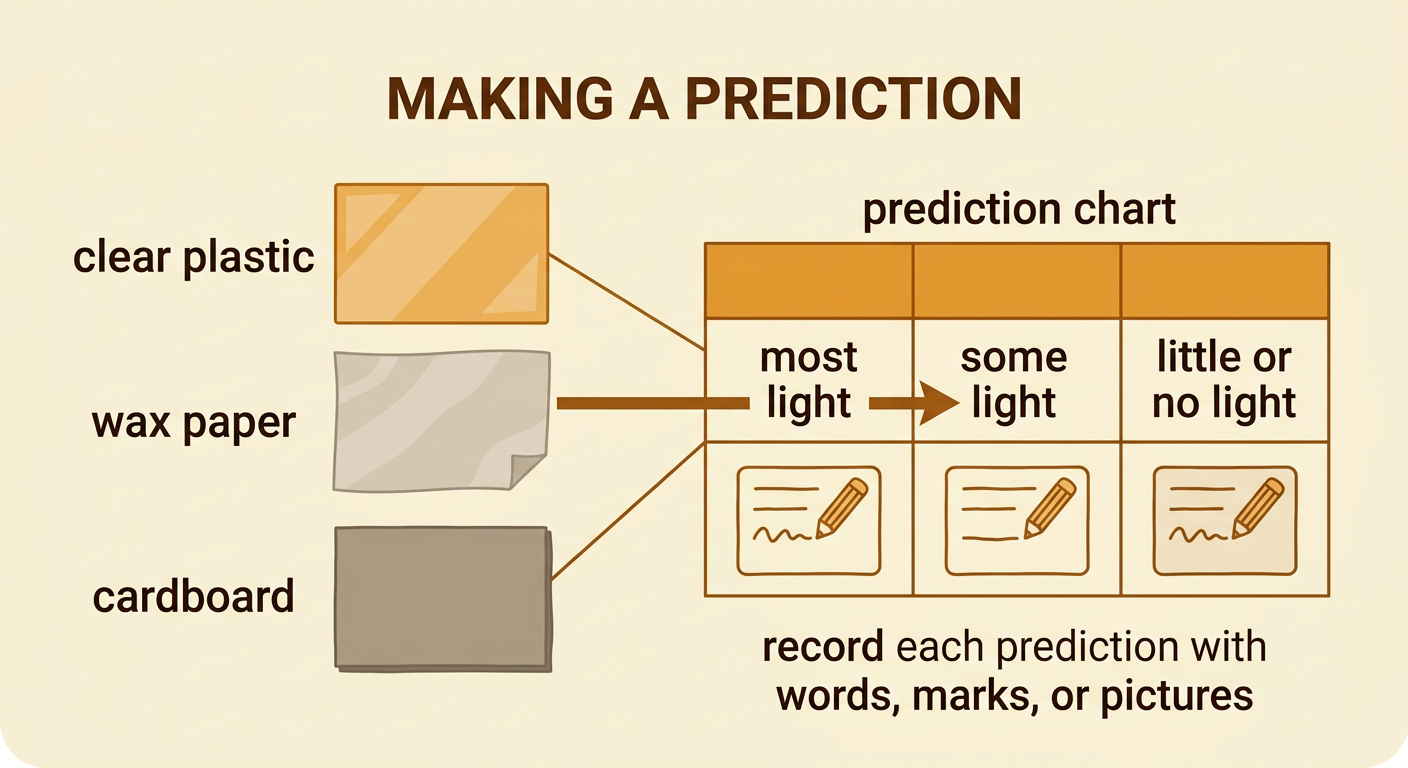 Three material samples are placed beside a prediction chart with three light categories.