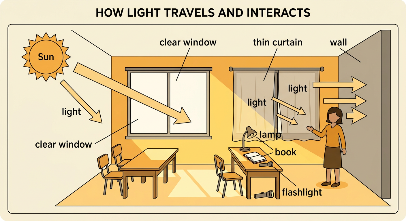 Sunlight enters a room through a clear window, glows through a thin curtain, and is blocked by a wall.