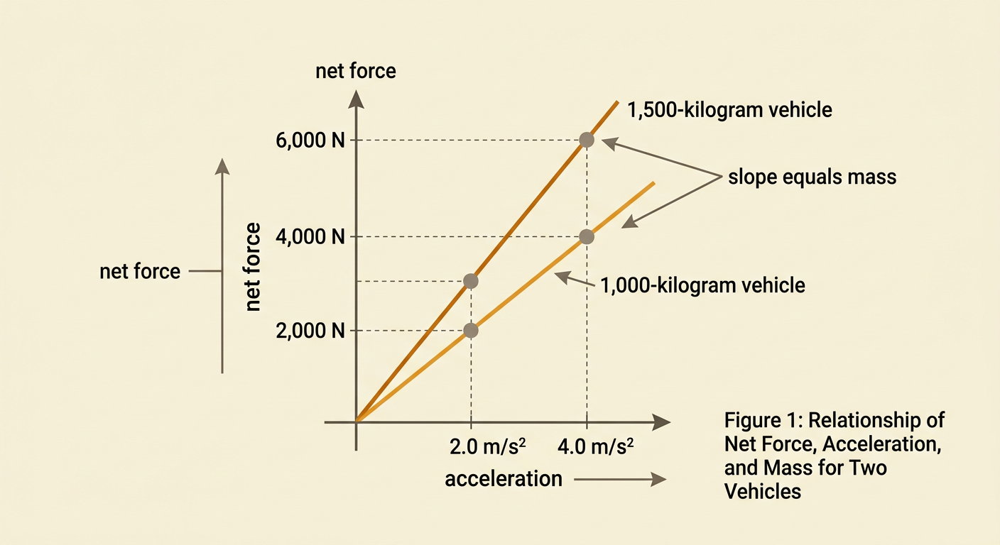A data table and force-versus-acceleration graph compare straight lines for 1,000-kilogram and 1,500-kilogram vehicles.