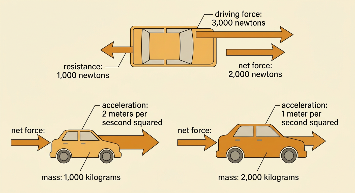 A car diagram shows forward and backward force arrows and compares how two vehicle masses respond to the same net force.