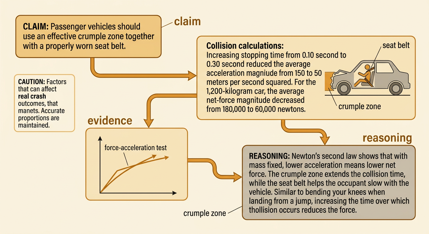 A vehicle-safety infographic connects a deforming front end and restrained occupant to a claim-evidence-reasoning argument.