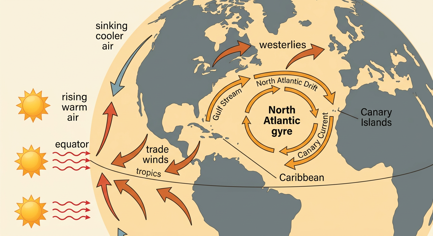 A North Atlantic circulation diagram shows westward tropical winds, eastward middle-latitude winds, and a clockwise ocean gyre.