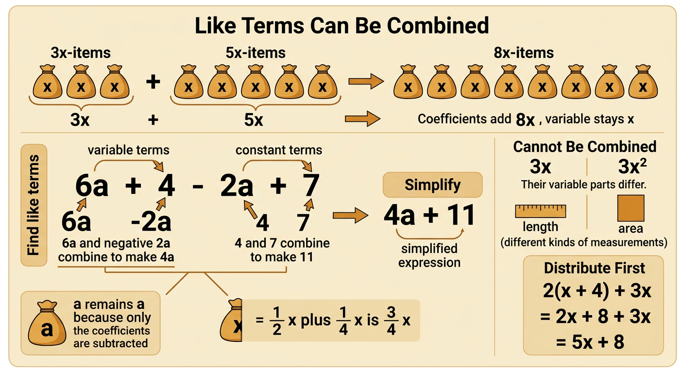 Matching groups connect the variable terms and constant terms in 6a + 4 - 2a + 7 to the simplified form 4a + 11.