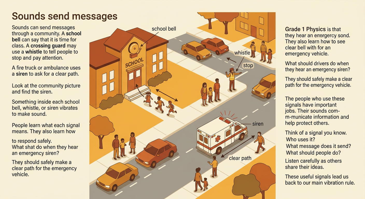 One community scene shows a school bell, a crossing guard blowing a whistle, and an ambulance using a siren.