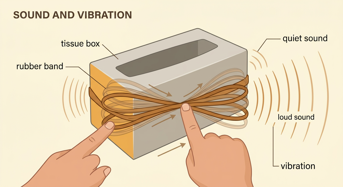 A rubber band on a tissue box is shown vibrating after a gentle pluck and after a stronger pluck.