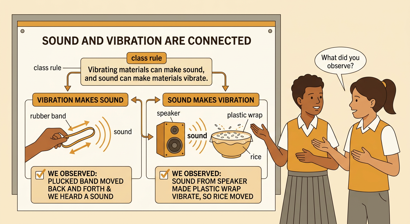 A class rule poster connects a vibrating rubber band with a speaker making rice move on plastic wrap.