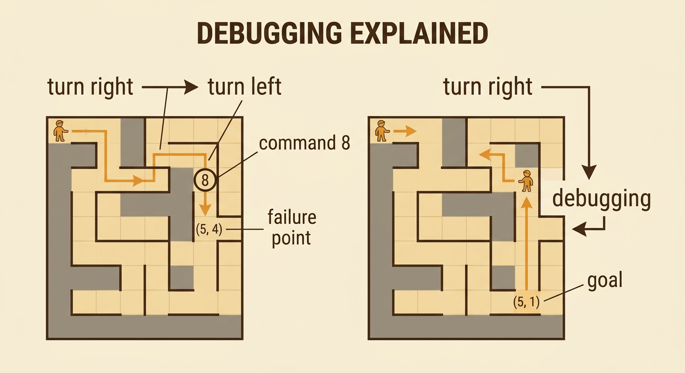 Two paths from command 8 compare the incorrect right turn heading south with the corrected left turn heading north to the goal.