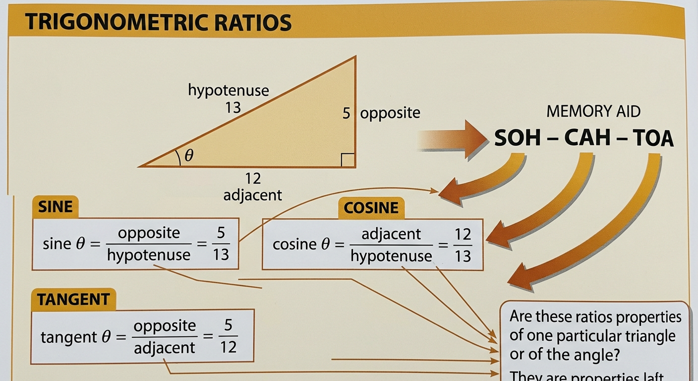 A labeled 5-12-13 right triangle displays the three trigonometric ratios for theta.