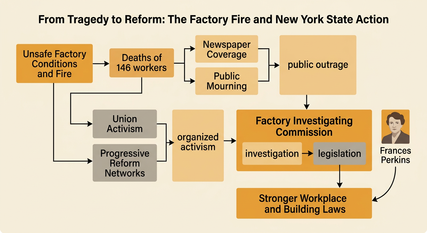 A connected chain shows how the fire moved public concern through activism and investigation toward new laws.