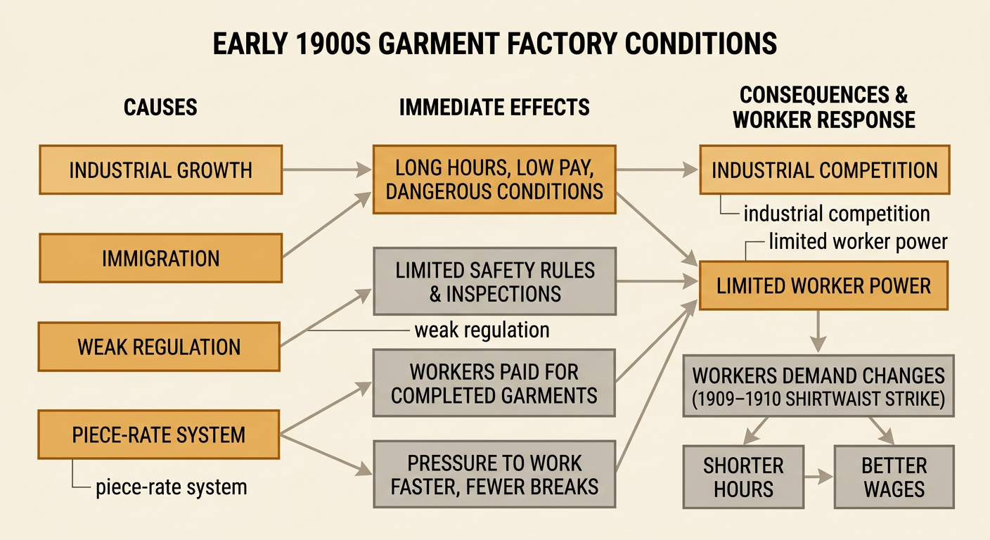 A cause-and-effect diagram shows garment workers at sewing machines surrounded by the forces shaping factory conditions.