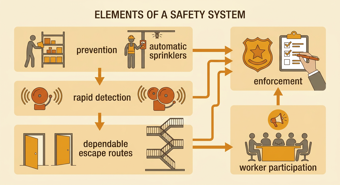 A layered factory-safety diagram shows multiple reforms working together to protect workers.