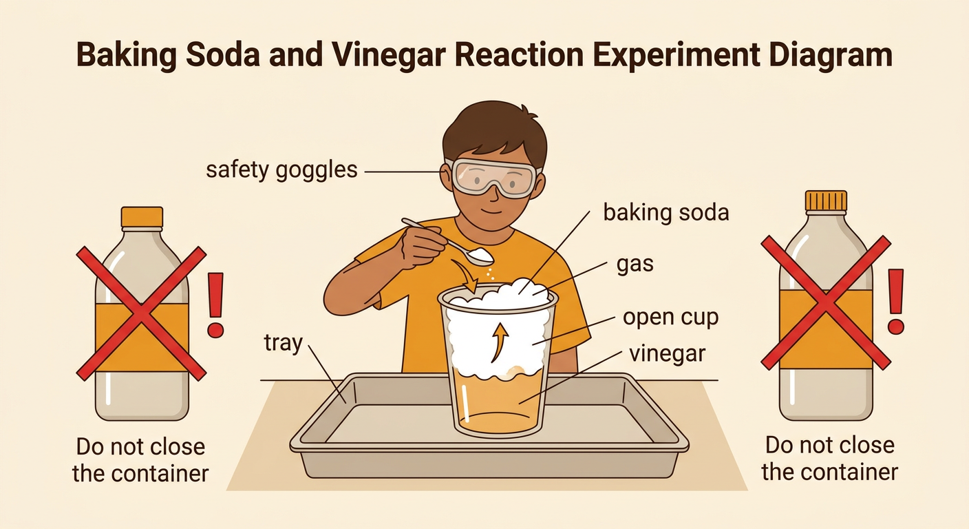 A goggled child safely adds baking soda to vinegar in a small open cup on a tray as foam rises and gas escapes.