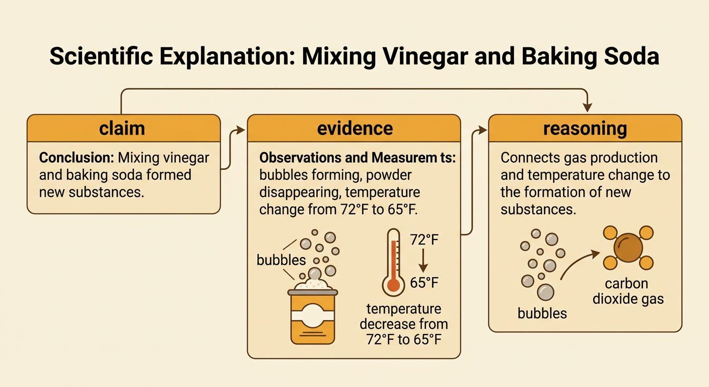 A notebook page organizes the investigation explanation into claim, evidence, and reasoning with the measured temperatures and gas observation.