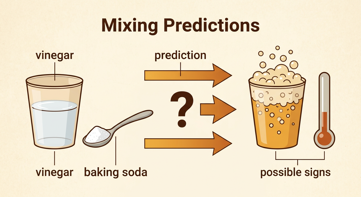 A clear cup of vinegar and a spoonful of baking soda sit separately beside a prediction note showing possible bubbles and cooling.