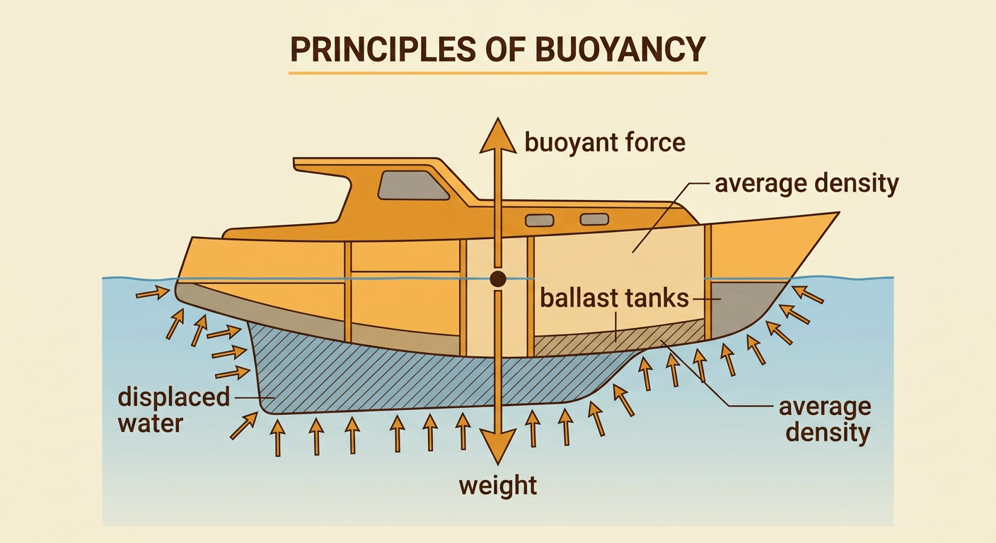 A floating boat and a submerged submarine show upward buoyant force, downward weight, displaced water, and adjustable ballast tanks.