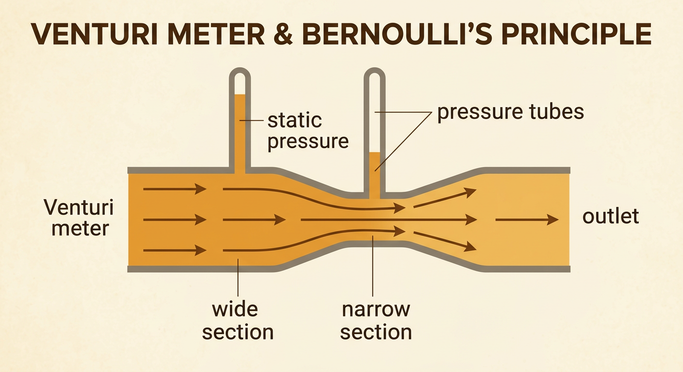 A Venturi meter shows faster water and lower static pressure in its narrow section through unequal pressure-tube heights.