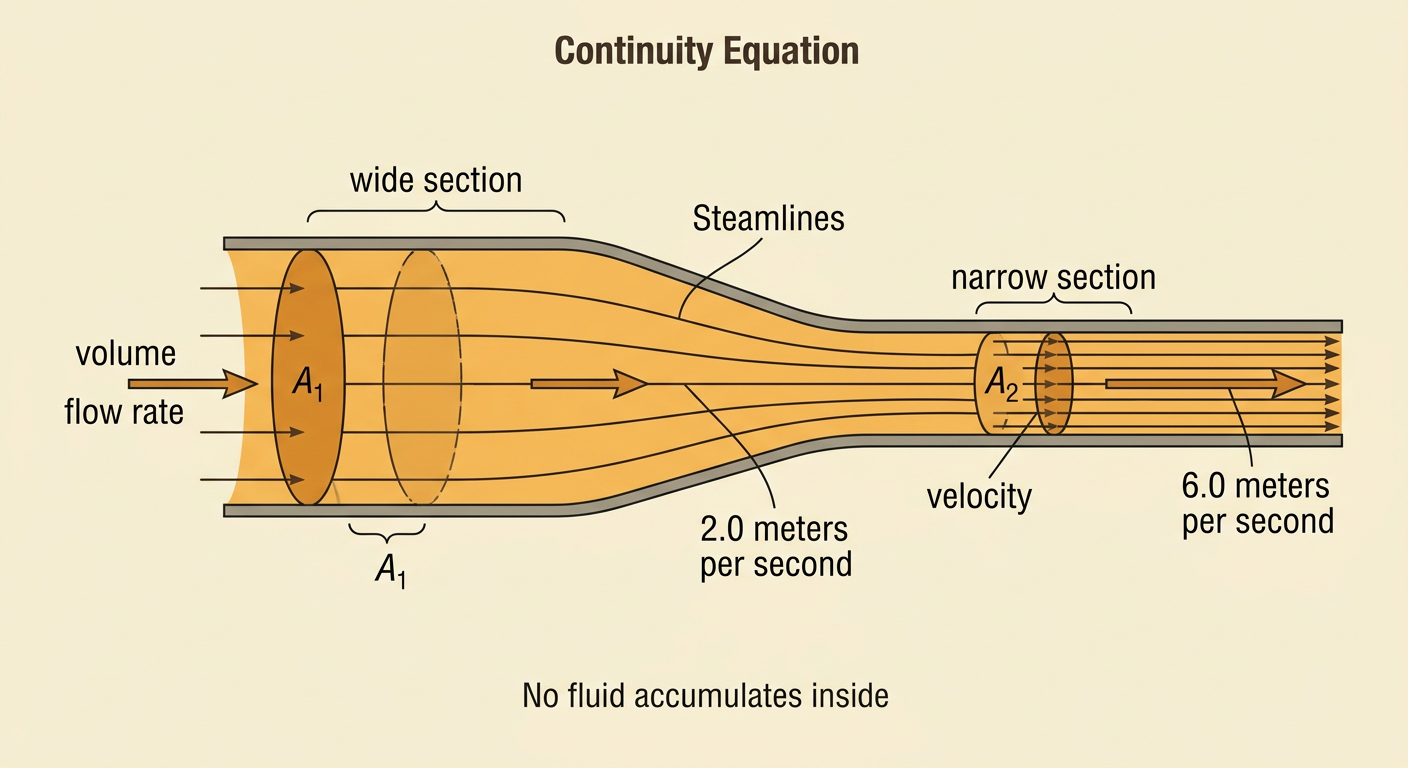 Water flows from a wide pipe section into a narrow section, with arrows showing the increase in speed.